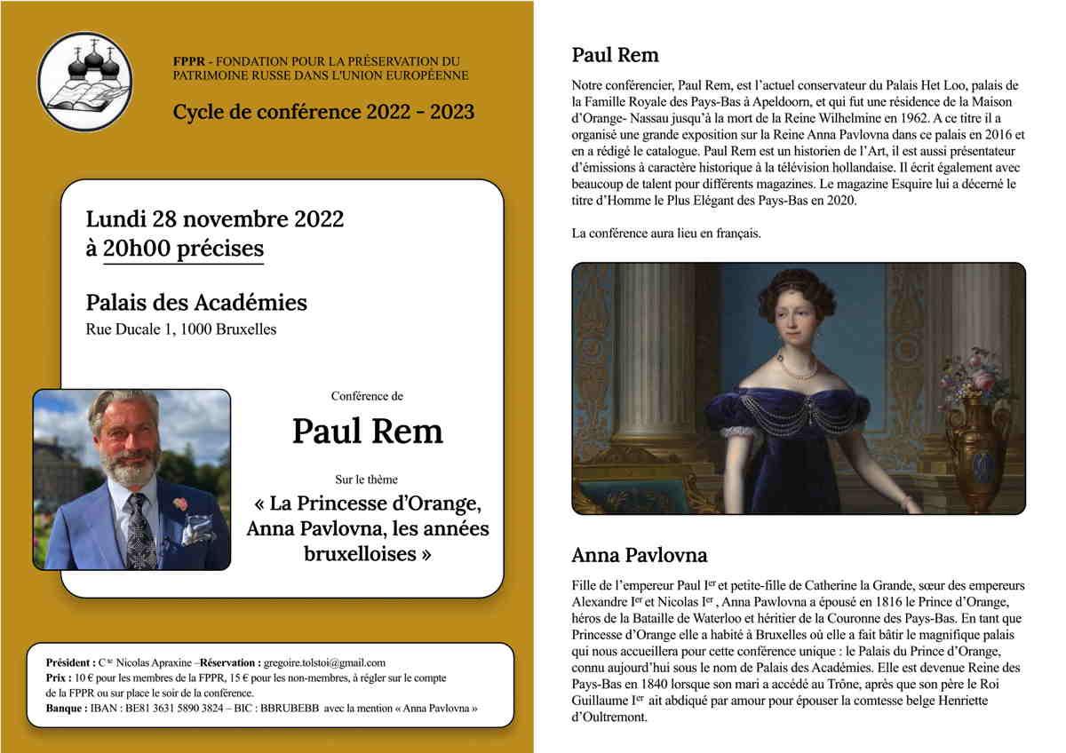 Affiche. Conférence FPPR. La Princesse d|Orange, Anna Pavlovna, les années bruxelloises, par Paul Rem. 2022-11-28